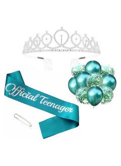 Official Teenager Sash and Rhinestone Tiara Kit, Silver Letter Teal Birthday Sash Balloons Crystal Silver Tiara Crown for Girl 13th Birthday Gift Ideas Party Decorations