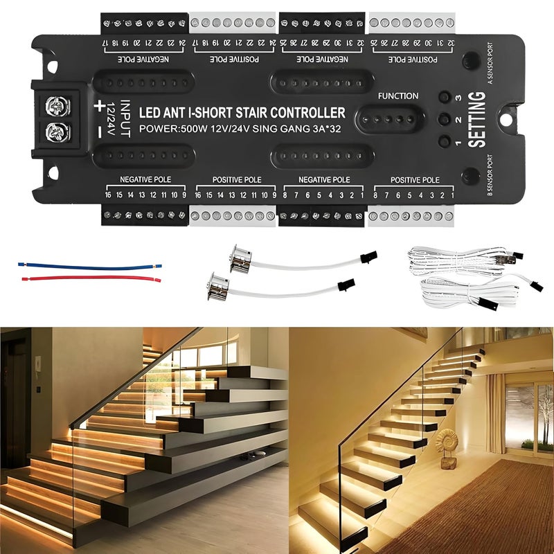 Auslese Robotics 32 Channel LED Stair Light Controller Intelligent Motion Sensor 12V 24V Smart PIR Dimmer Anti Short Circuit Automatic Under Stair Safety Lighting System for Home Office Hotel - Image 1