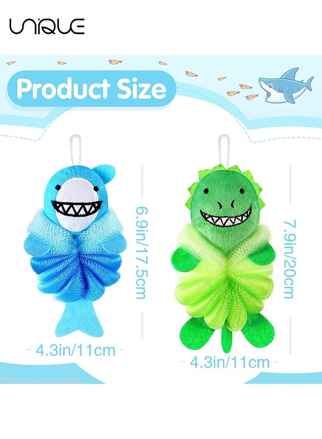 يونيك قطعتان من لوفا الاستحمام للأطفال الرضع، إسفنج استحمام لطيف برسوم كرتونية، لوفة للجسم، إسفنج شبكي للأطفال للاستحمام والغسل والتقشير (ديناصور/قرش) - Image 2