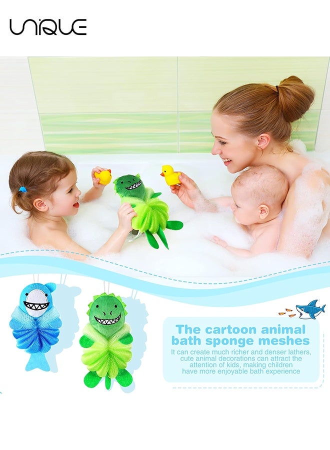 يونيك قطعتان من لوفا الاستحمام للأطفال الرضع، إسفنج استحمام لطيف برسوم كرتونية، لوفة للجسم، إسفنج شبكي للأطفال للاستحمام والغسل والتقشير (ديناصور/قرش) - Image 5