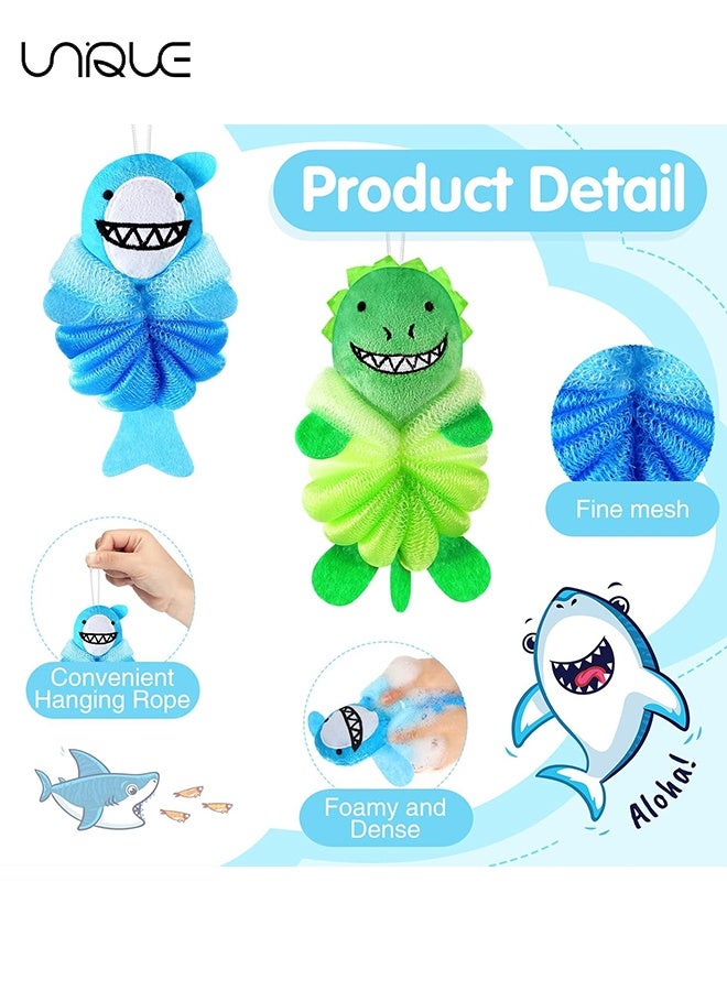 يونيك قطعتان من لوفا الاستحمام للأطفال الرضع، إسفنج استحمام لطيف برسوم كرتونية، لوفة للجسم، إسفنج شبكي للأطفال للاستحمام والغسل والتقشير (ديناصور/قرش) - Image 3