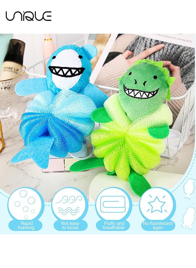 يونيك قطعتان من لوفا الاستحمام للأطفال الرضع، إسفنج استحمام لطيف برسوم كرتونية، لوفة للجسم، إسفنج شبكي للأطفال للاستحمام والغسل والتقشير (ديناصور/قرش) - Image 4
