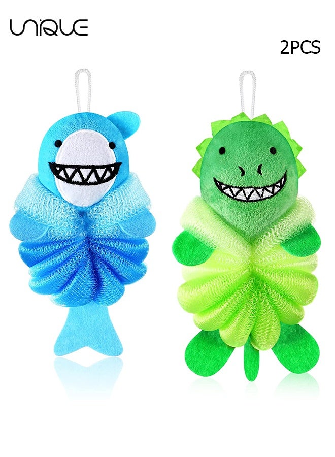 يونيك قطعتان من لوفا الاستحمام للأطفال الرضع، إسفنج استحمام لطيف برسوم كرتونية، لوفة للجسم، إسفنج شبكي للأطفال للاستحمام والغسل والتقشير (ديناصور/قرش) - Image 1