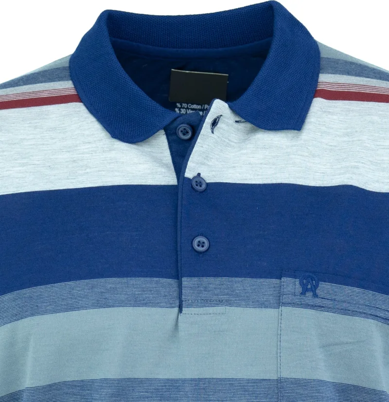 اوبلاند Men's Buttoned Polo Collar Pocket Short Sleeve Ringer Stripe Patterned Comfortable Cut Full Fit Cotton Fabric T-Shirt