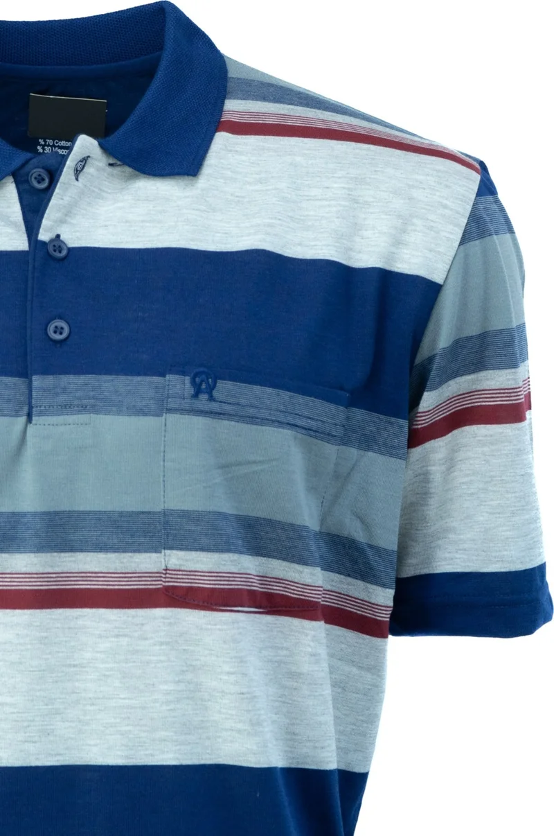 اوبلاند Men's Buttoned Polo Collar Pocket Short Sleeve Ringer Stripe Patterned Comfortable Cut Full Fit Cotton Fabric T-Shirt