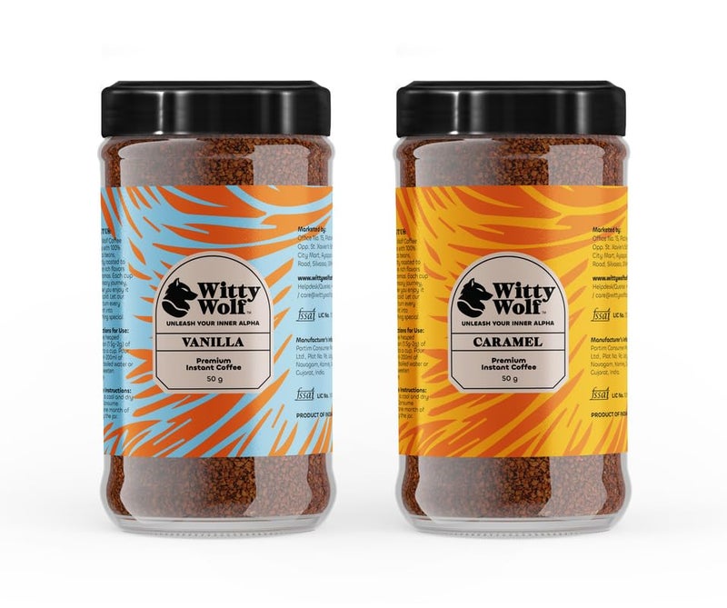 Witty Wolf Premium Vanilla & Caramel Instant Flavored Coffee Combo (50gm + 50gm) | Espresso, Latte & Cappuccino | Hot & Cold Coffee (Pack of 2) - Image 1