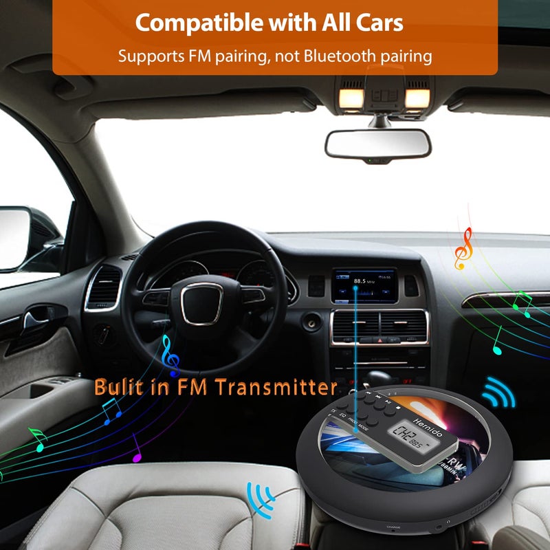 Hernido Rechargeable Portable CD Player for Car, Hernido Discman CD Player with FM Transmitter, 20 Hours Playtime Personal Compact Disc CD Player, USB CD Walkman with Headphones, Anti-Skip & Resume Playback - Image 2