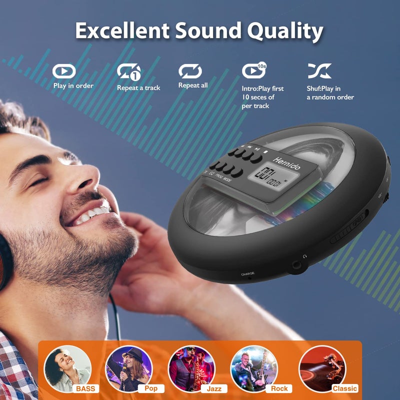 Hernido Rechargeable Portable CD Player for Car, Hernido Discman CD Player with FM Transmitter, 20 Hours Playtime Personal Compact Disc CD Player, USB CD Walkman with Headphones, Anti-Skip & Resume Playback - Image 5