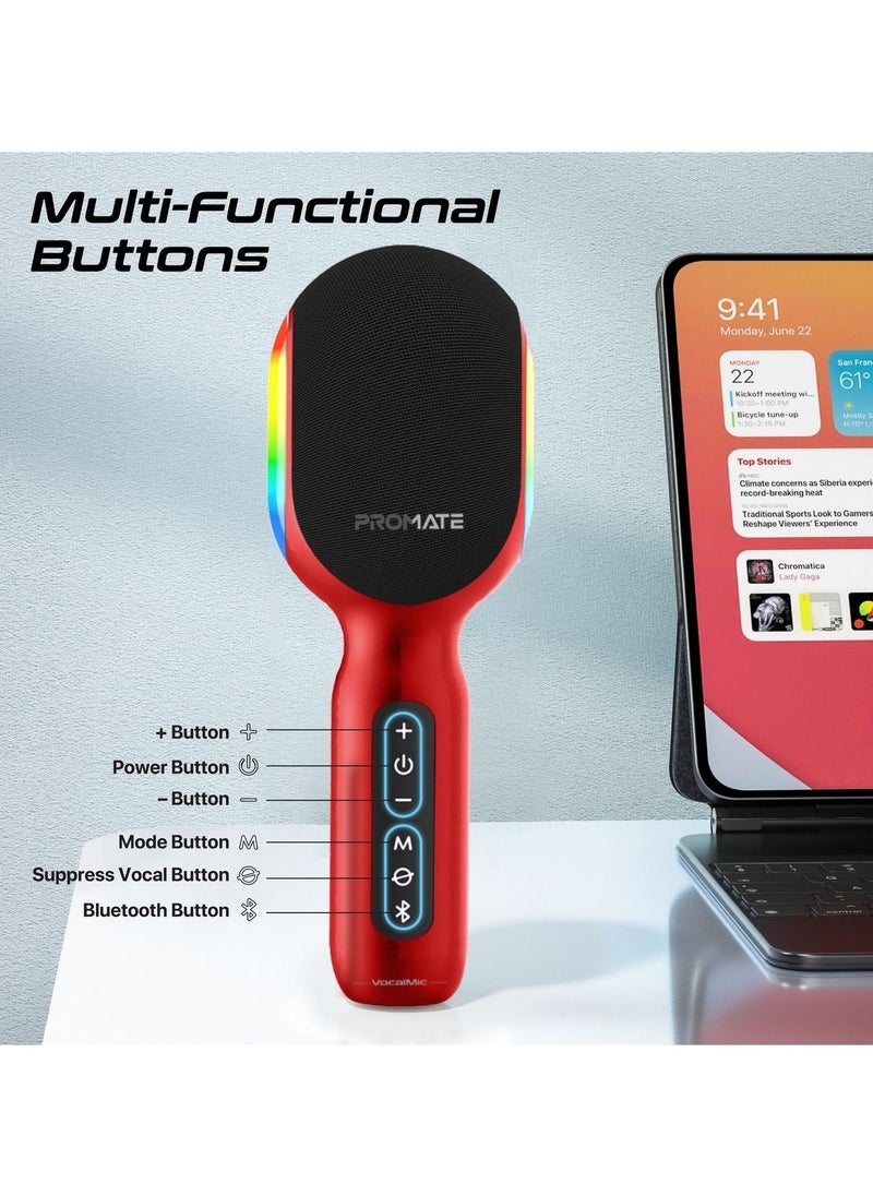 بروميت - بروميت ميكروفون كاريوكي لاسلكي 5 في 1 بلوتوث ومكبر صوت مزود بمصابيح LED، وضع دويتو TWS، وقت تشغيل يصل إلى 10 ساعات، منفذ AUX وسماعة رأس مقاس 3.5 مم للحفلات والأطفال والكبار ,ميكروفون صوتي - Image 1