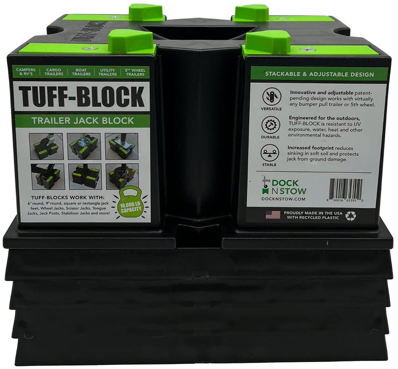 Dock N Stow TUFF-BLOCK by Dock N Stow w/ 4 XL Pads Combo – RV Leveling Blocks for Camper, Tongue Jack Stands for Stabilizer Scissor Jacks – Block Stacks on Pads for Added Height – Level Your Trailer (Green) - Image 1