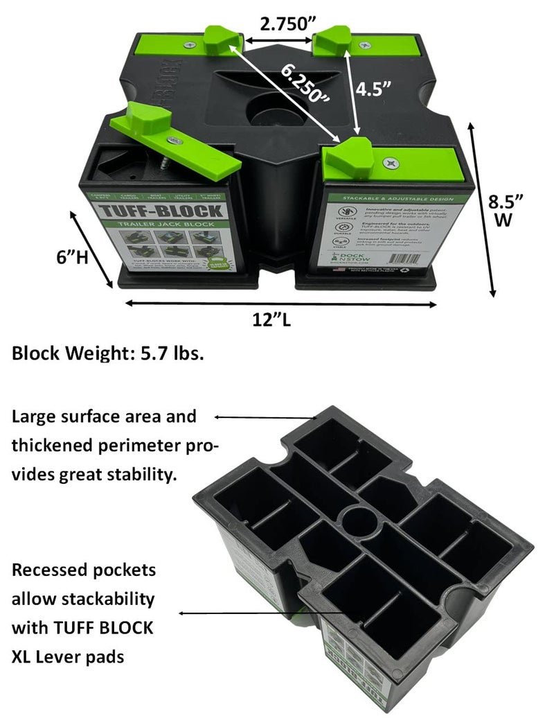 Dock N Stow TUFF-BLOCK by Dock N Stow w/ 4 XL Pads Combo – RV Leveling Blocks for Camper, Tongue Jack Stands for Stabilizer Scissor Jacks – Block Stacks on Pads for Added Height – Level Your Trailer (Green) - Image 3
