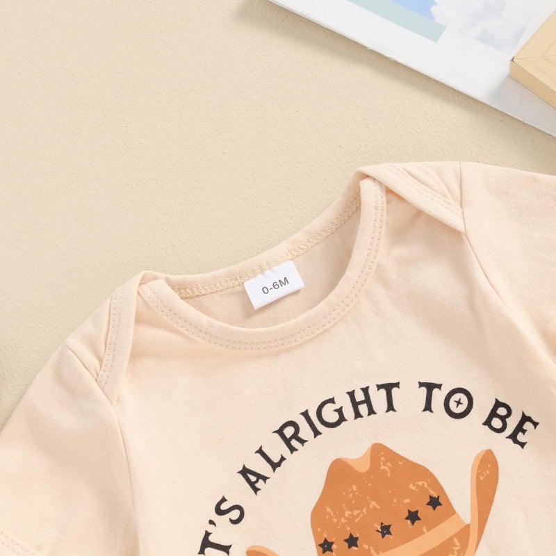 Licupiee Newborn Baby Short Sleeve Western Romper Birthday Outfits Summer Casual Round Neck Cowboy Hat Print Bodysuit (Apricot, 3-6 Months) - Image 3