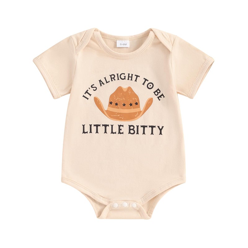 Licupiee Newborn Baby Short Sleeve Western Romper Birthday Outfits Summer Casual Round Neck Cowboy Hat Print Bodysuit (Apricot, 3-6 Months) - Image 1