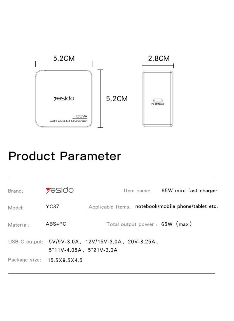 Yesido Yesido Gan 65W USB-C Mini Quick Charger YC37  - Image 3