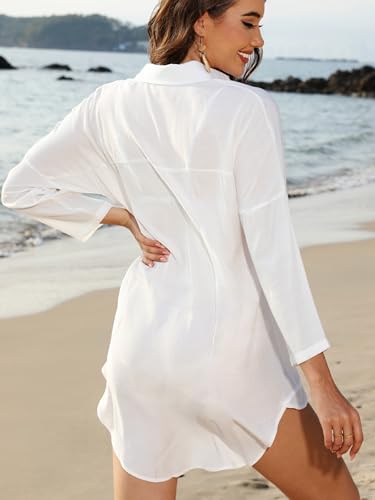 POGTMM White Bathing Suits Beach Cover Up for Vacation Oversized Long Sleeve Button Down Shirt Dress Swimwear (S, White) - Image 5