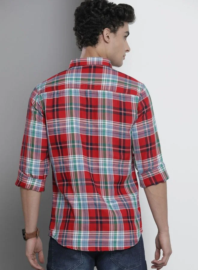 شركة المرآب الهندية Men Slim Fit Checkered Full Sleeves Spread Collar Casual Shirt
