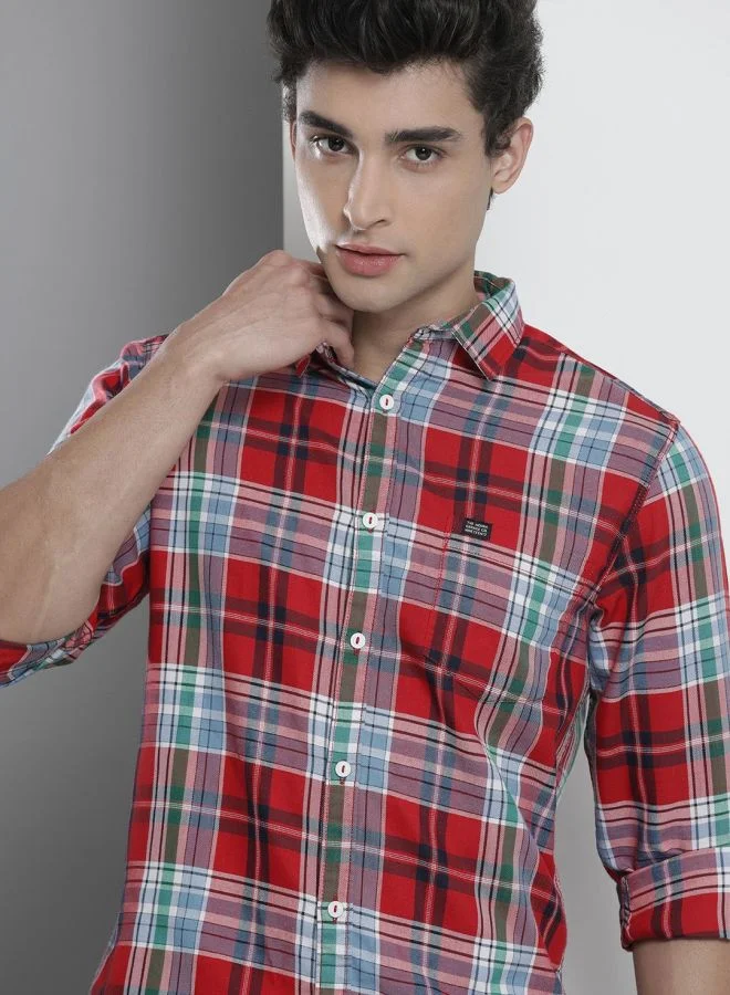 شركة المرآب الهندية Men Slim Fit Checkered Full Sleeves Spread Collar Casual Shirt