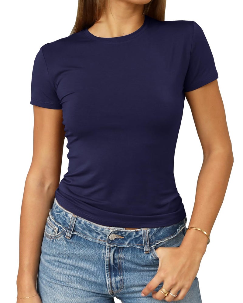 Abardsion Women's Casual Basic Going Out Crop Tops Slim Fit Short Sleeve Crew Neck Tight T Shirts 2026 (Navy Blue, S) - Image 1
