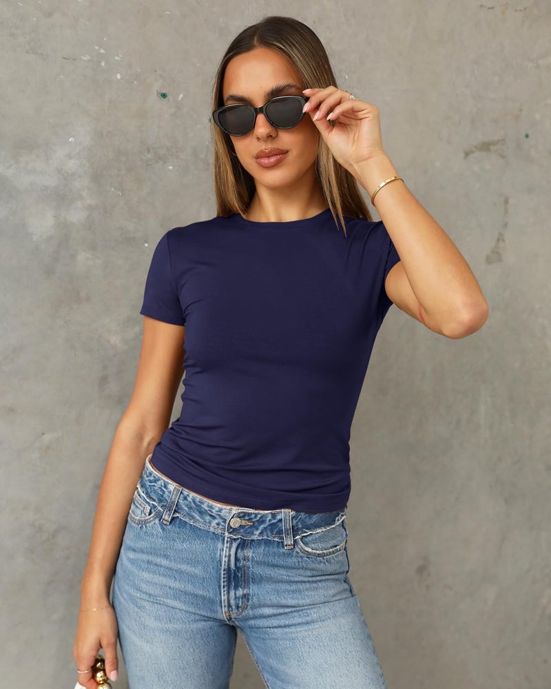 Abardsion Women's Casual Basic Going Out Crop Tops Slim Fit Short Sleeve Crew Neck Tight T Shirts 2026 (Navy Blue, S) - Image 2