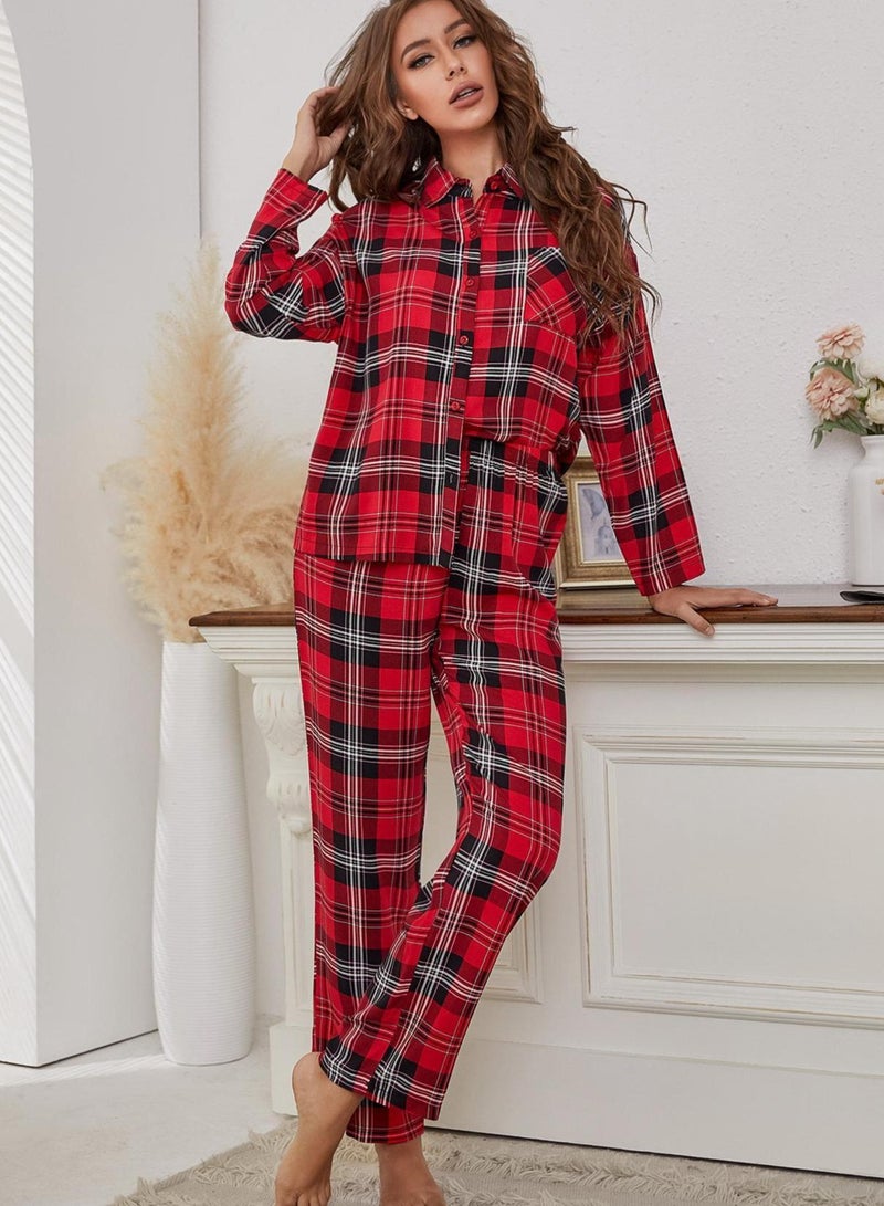 Loquat Women's Plaid 2-Piece Set Pajamas Long Sleeve Lapel Top And Pants Soft Loungewear Nightgown Suit Leisure Wear Red/Black - Image 1
