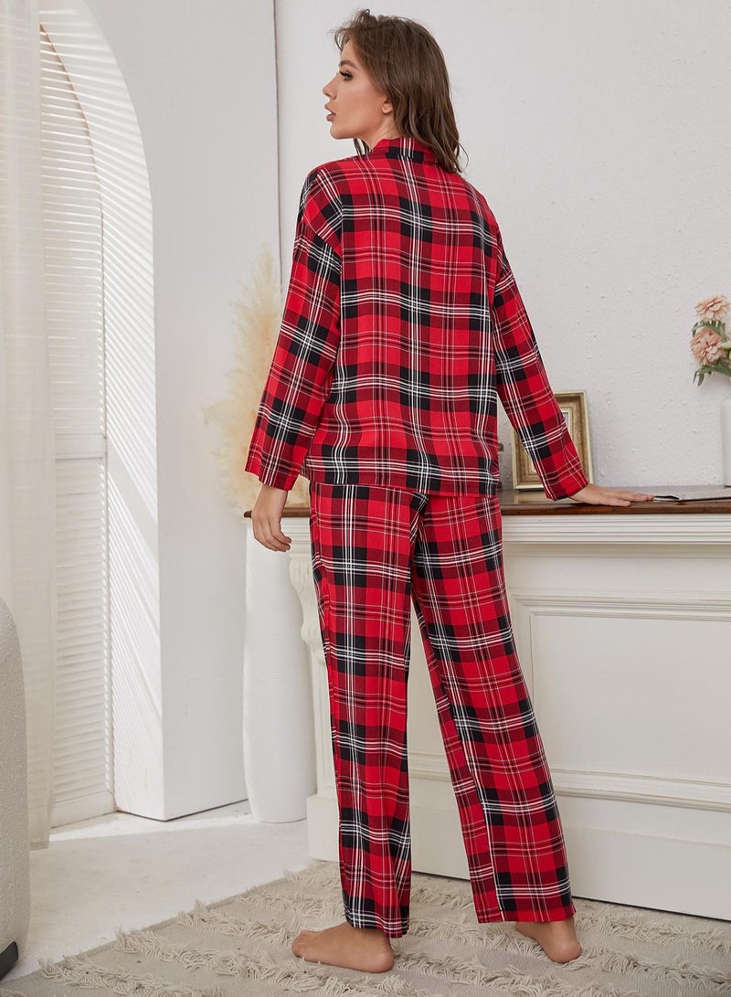Loquat Women's Plaid 2-Piece Set Pajamas Long Sleeve Lapel Top And Pants Soft Loungewear Nightgown Suit Leisure Wear Red/Black - Image 3