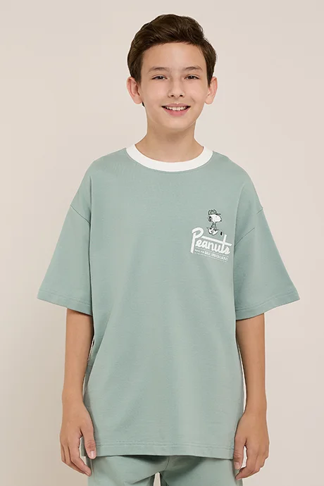 أر أند بي Peanuts Print T-Shirt with Crew Neck and Short Sleeves