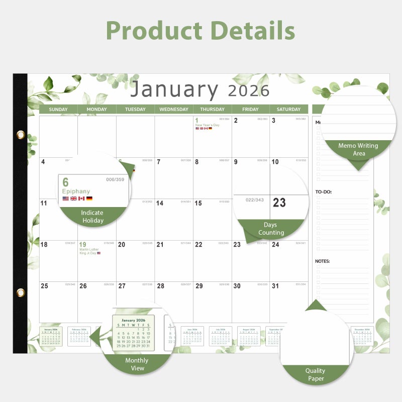 VALOME 2026 Desk Calendar, Large Desk Calendar 22" x 17" (Jan 2026 - Jun 2027) Monthly Desktop Wall Planner for Family Teacher School Office Supplies, Leaf - Image 3