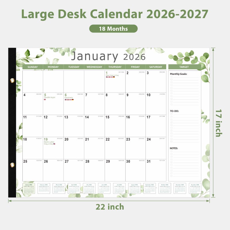 VALOME 2026 Desk Calendar, Large Desk Calendar 22" x 17" (Jan 2026 - Jun 2027) Monthly Desktop Wall Planner for Family Teacher School Office Supplies, Leaf - Image 2