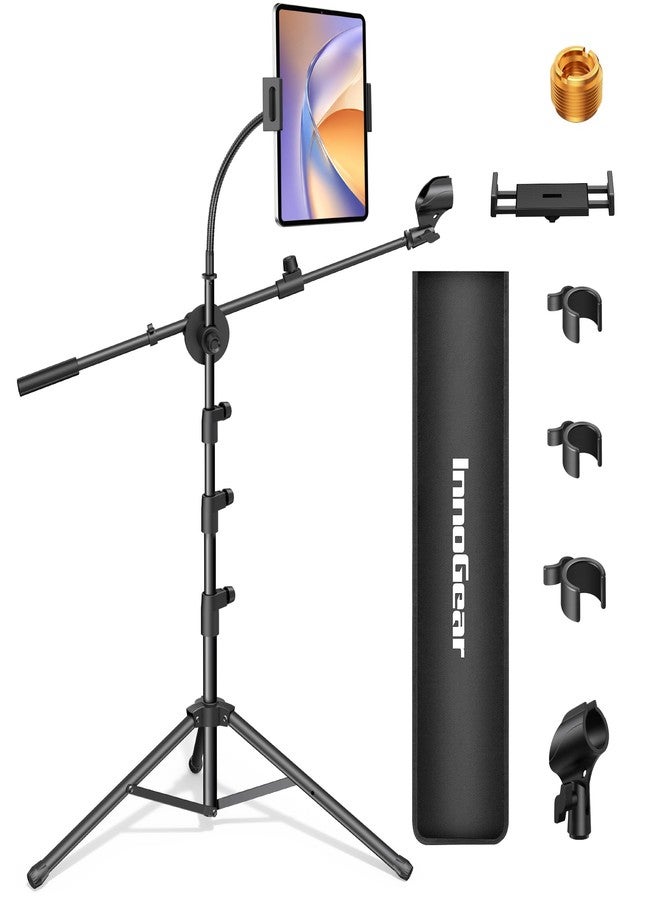 InnoGear Mic Stand, 6 in 1 Microphone Stand Floor with Tablet Phone Holder Height Adjustable from 30" to 72" Mic Stand Tripod Boom Arm with Gooseneck Carrying Bag for Singing Karaoke Stage - Image 1