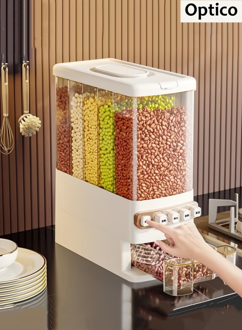 أوبتيكو موزع حبوب، حاوية توزيع طعام جاف بخمس شبكات، منظم تخزين للمطبخ، صندوق تخزين طعام شفاف، حاوية توزيع أرز، حاوية تخزين مخزن المطبخ مع كوب قياس وأغطية قفل - Image 1