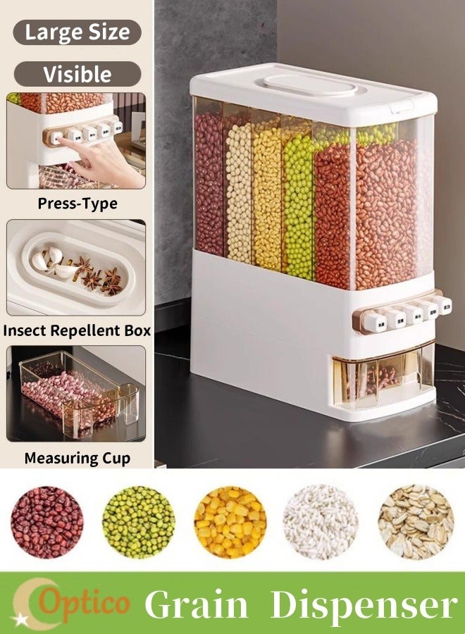 أوبتيكو موزع حبوب، حاوية توزيع طعام جاف بخمس شبكات، منظم تخزين للمطبخ، صندوق تخزين طعام شفاف، حاوية توزيع أرز، حاوية تخزين مخزن المطبخ مع كوب قياس وأغطية قفل - Image 2