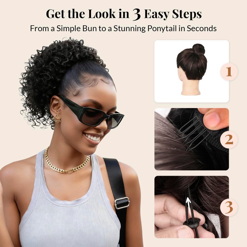 LEEONS Drawstring Ponytail for Black Women, 10 Inch Afro Kinky Curly Updo Hair Piece with 4 Secure Clips, Soft Texture for Daily & Party Wear (1B Natural Black)â€‹ - Image 4