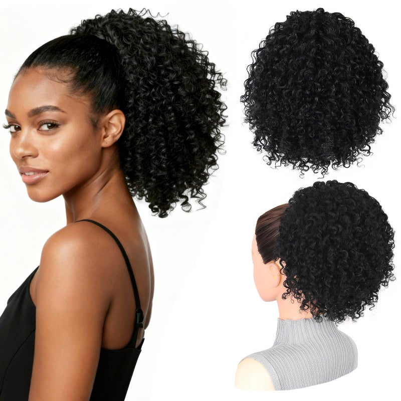 LEEONS Drawstring Ponytail for Black Women, 10 Inch Afro Kinky Curly Updo Hair Piece with 4 Secure Clips, Soft Texture for Daily & Party Wear (1B Natural Black)â€‹ - Image 1