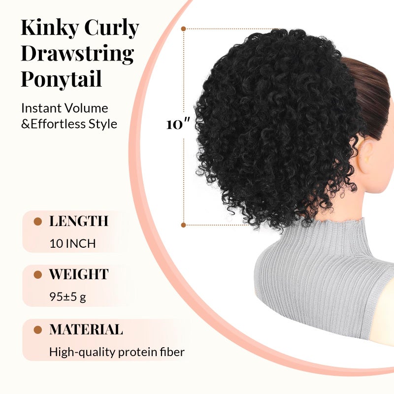 LEEONS Drawstring Ponytail for Black Women, 10 Inch Afro Kinky Curly Updo Hair Piece with 4 Secure Clips, Soft Texture for Daily & Party Wear (1B Natural Black)â€‹ - Image 2