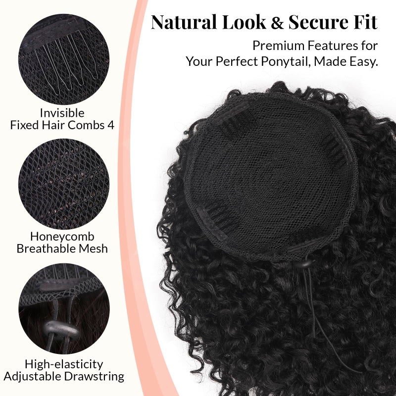 LEEONS Drawstring Ponytail for Black Women, 10 Inch Afro Kinky Curly Updo Hair Piece with 4 Secure Clips, Soft Texture for Daily & Party Wear (1B Natural Black)â€‹ - Image 3