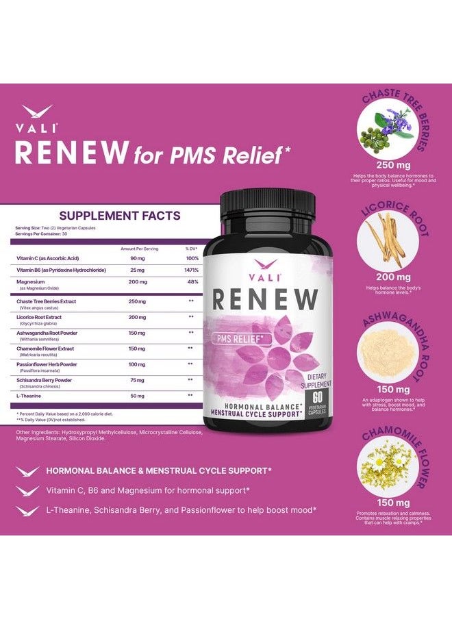 VALI - Renew Pms Relief Supplement. Women’S Menstrual Cycle Support. Herbal Formula Vitamins Complex For Healthy Flow. Cramps Mood & Monthly Period Health. Hormone Balance For Women 60 Veggie Capsules - Image 1