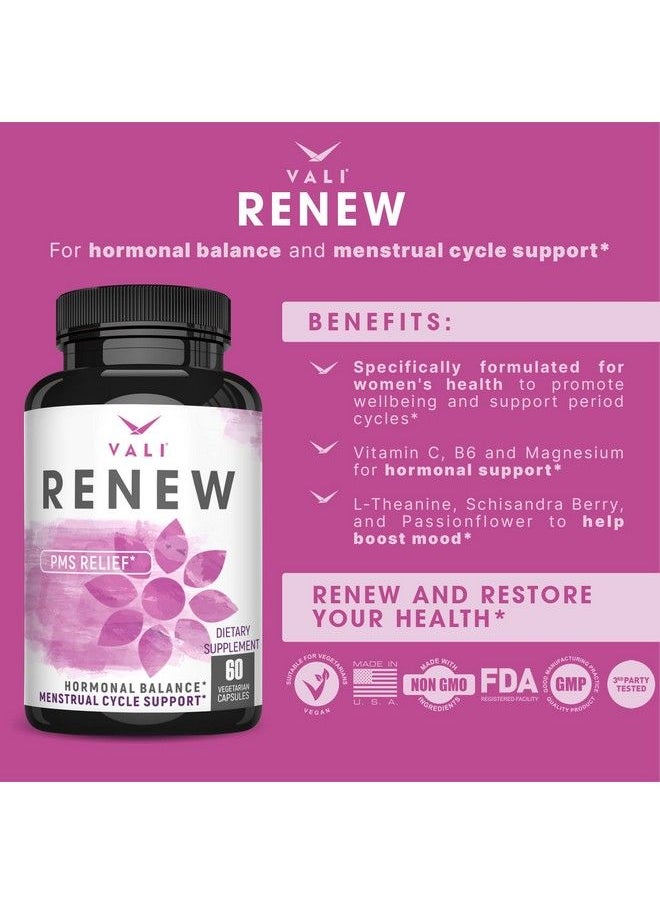 VALI - Renew Pms Relief Supplement. Women’S Menstrual Cycle Support. Herbal Formula Vitamins Complex For Healthy Flow. Cramps Mood & Monthly Period Health. Hormone Balance For Women 60 Veggie Capsules - Image 1