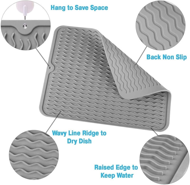 ISHWANKU Silicone Dish Drying Mat Drying Mat for Kitchen Counter Heat Resistant Mat Easy Clean drainboard mat NonSlip Dish Drainer Pad for Kitchen Counter 1612 Grey - Image 4