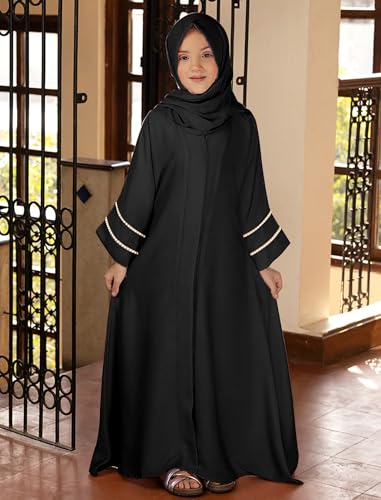 IKADEX Kids Girls Muslim Abaya Dress Modest Pearl Sleeve Cardigan Kaftan Chiffon Hijab Islamic Ramadan Prayer Clothes Black 1112y - Image 3