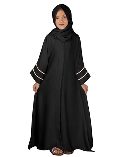 IKADEX Kids Girls Muslim Abaya Dress Modest Pearl Sleeve Cardigan Kaftan Chiffon Hijab Islamic Ramadan Prayer Clothes Black 1112y - Image 1