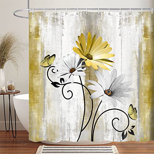 VeiVian Rustic Farmhouse Shower Curtain, Farm Yellow Daisy Floral Flowers and Butterfly on Country Wooden Shower Curtain for Bathroom, Yellow Bathroom Shower Curtains with 12PCS Hooks, 70X70IN - Image 3