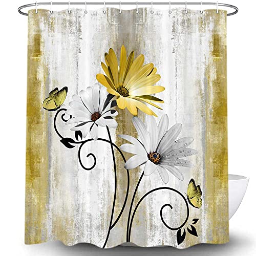 VeiVian Rustic Farmhouse Shower Curtain, Farm Yellow Daisy Floral Flowers and Butterfly on Country Wooden Shower Curtain for Bathroom, Yellow Bathroom Shower Curtains with 12PCS Hooks, 70X70IN - Image 4
