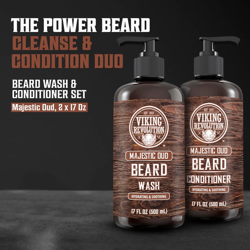 Viking Revolution Beard Wash and Beard Conditioner for Men with Argan Oil and Jojoba Oil - Beard Softener and Strengthener Beard Care Beard Shampoo and Conditioner with Beard Oil (17oz, Majestic Oud) - Image 2