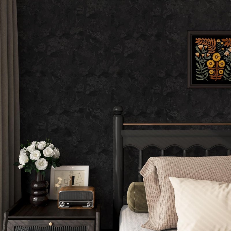 lenify Black Peel and Stick Wallpaper Black Floral Wallpaper 15.7inch x 118.1inch Vintage Embossed Textured Contact Paper Embossed Self Adhesive Wall Paper for Cabinets Pure Flower Removable Vinyl - Image 2