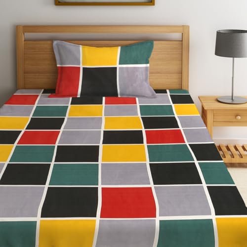 Fashion String 144TC Microfibre Geometric Block Pattern Multicolor Single Bedsheet with 1 Pillow Cover - Image 2
