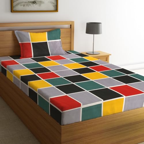 Fashion String 144TC Microfibre Geometric Block Pattern Multicolor Single Bedsheet with 1 Pillow Cover - Image 1