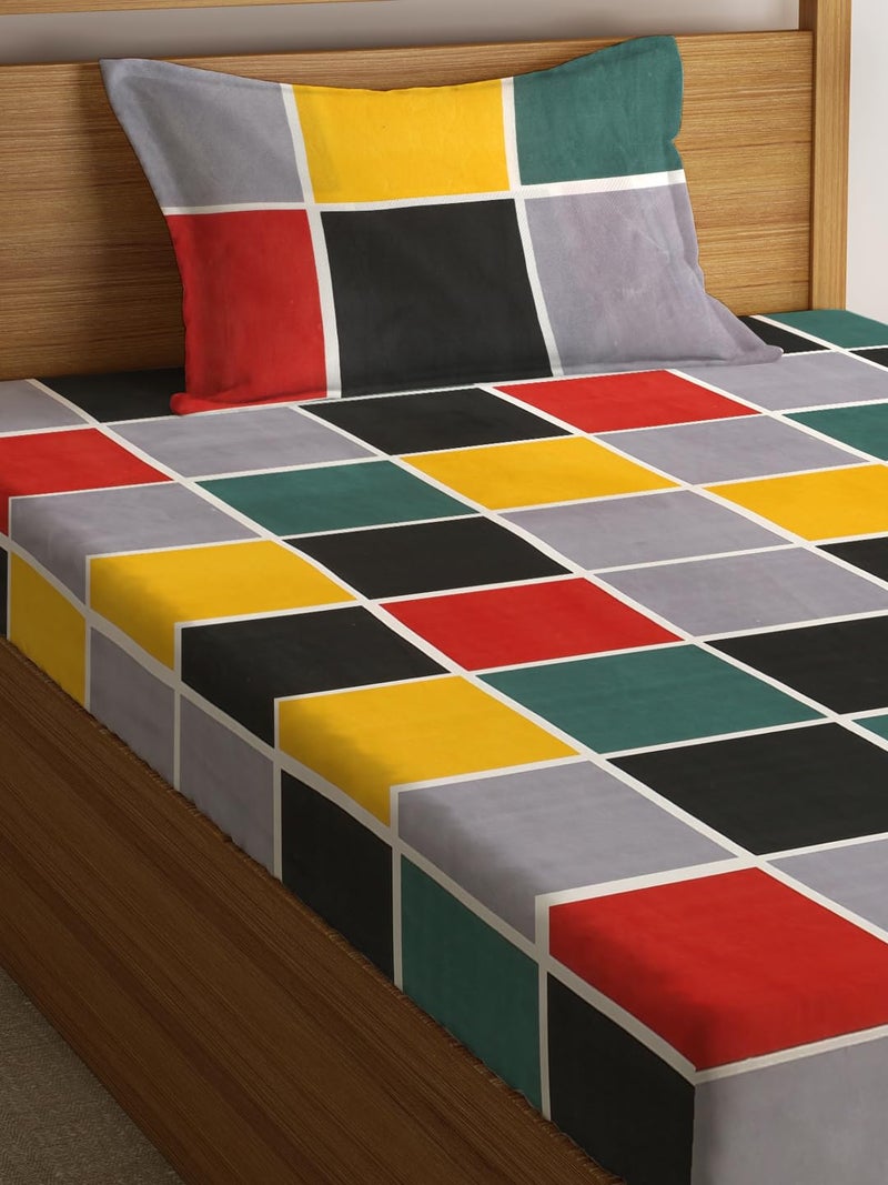Fashion String 144TC Microfibre Geometric Block Pattern Multicolor Single Bedsheet with 1 Pillow Cover - Image 3