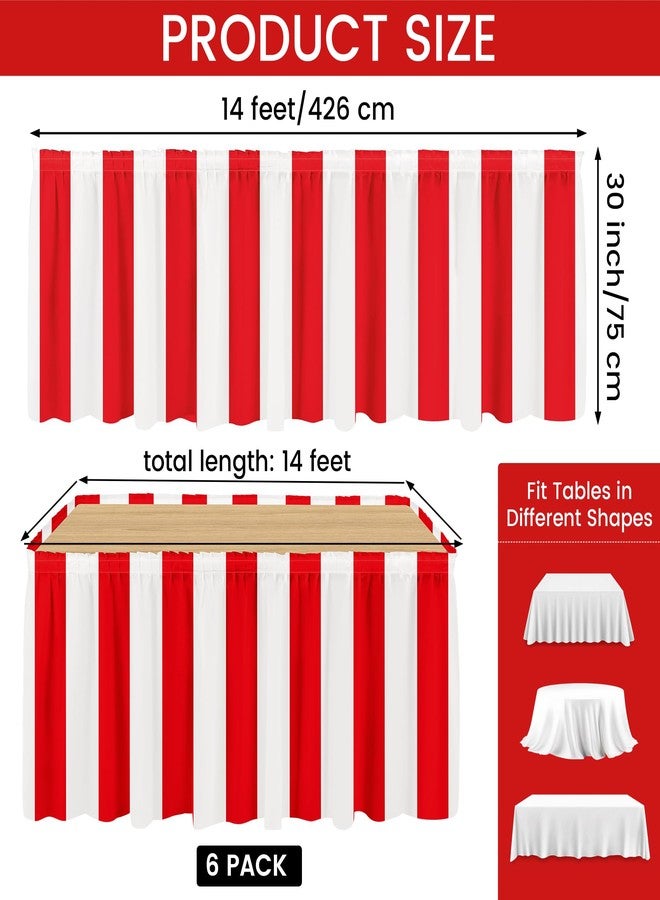 Fovths 6 Packs Red and White Striped Table Skirt Circus Table Skirt Carnival Theme Party Decorations Circus Tables Decorations for Concession Stand Holiday Party Supplies, 14 ft x 30 inch - Image 2