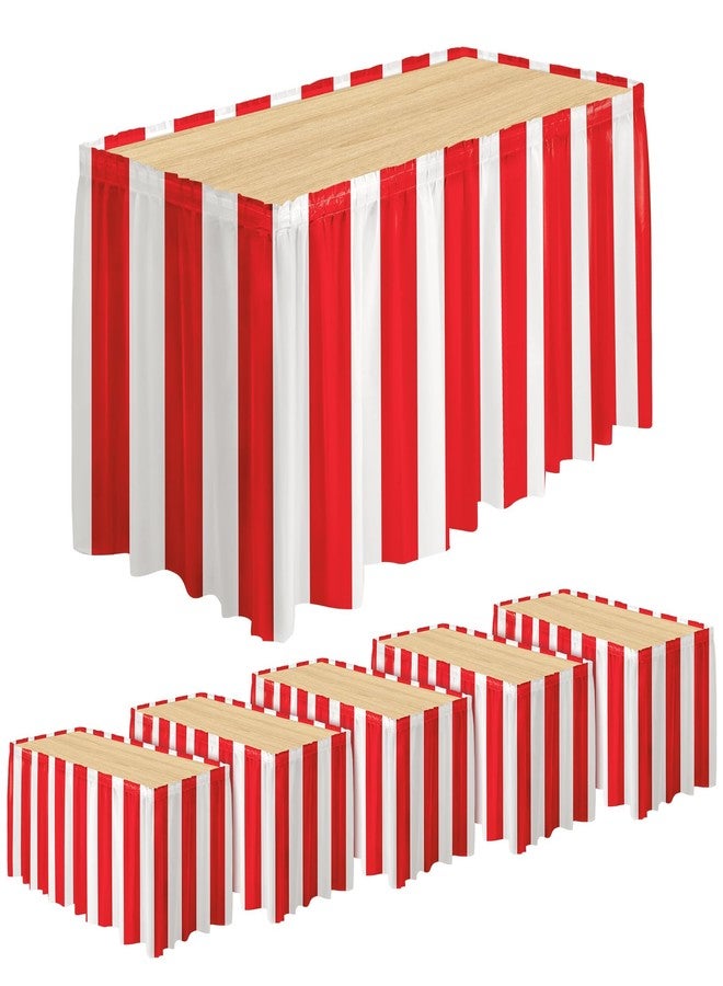 Fovths 6 Packs Red and White Striped Table Skirt Circus Table Skirt Carnival Theme Party Decorations Circus Tables Decorations for Concession Stand Holiday Party Supplies, 14 ft x 30 inch - Image 1