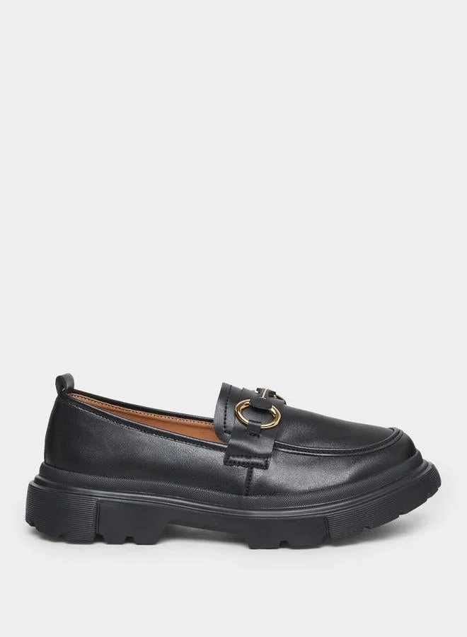 Styli Black Chunky Sole Loafers with Metal Accent